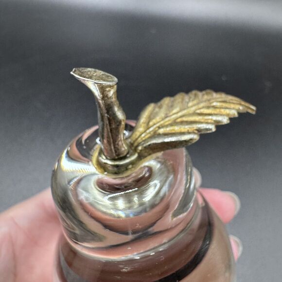 Vintage Clear Art Glass Pear Brass Leaf Paperweight Hand Blown Glass - Picture 8 of 9